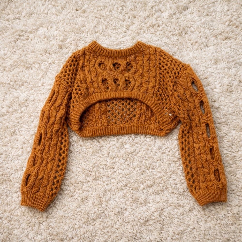 cropped knit sweater with intricate cable detailing and openwork sleeves.